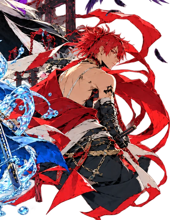 Shinobi de cabelo vermelho, de costas, com espada
