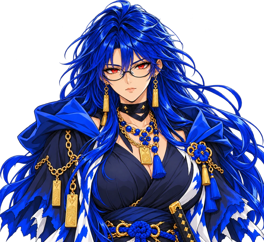 Kairo, a Portadora da Maré: mulher de cabelo azul longo, olhos vermelhos e óculos, capa azul-marinho e katana (retrato)