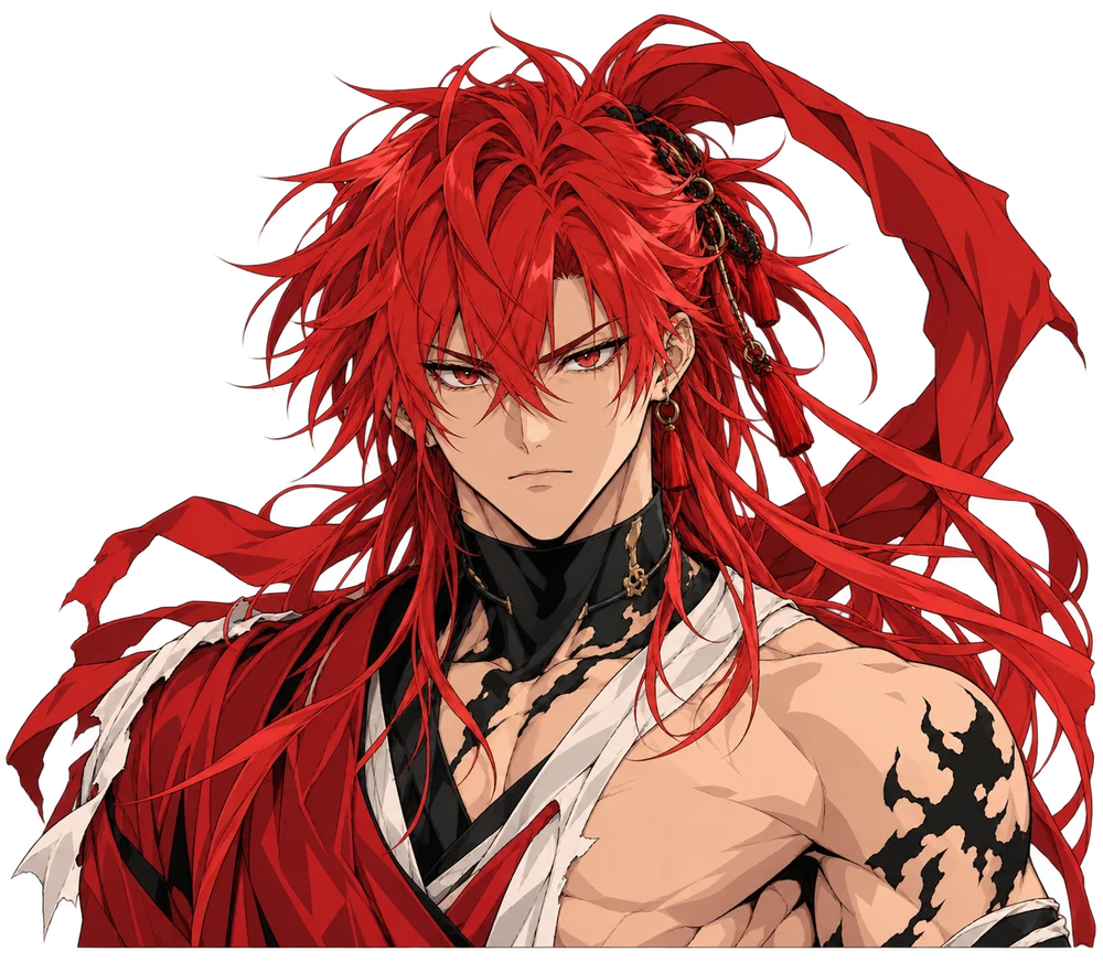 Enma, a Chama Rubra: espadachim de cabelo vermelho com espada em chamas (retrato)