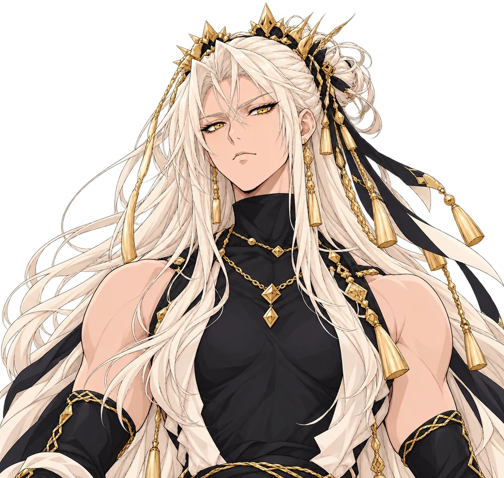 Shion, a Lâmina Pálida: mulher forte de cabelo branco e olhos amarelos, com duas lâminas (retrato)