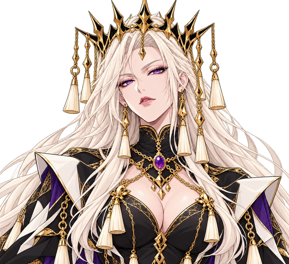 Kuon, a Kage do Vazio: mulher de cabelo branco, olhos violeta, coroa e vestes pretas, marfim e roxas (retrato)